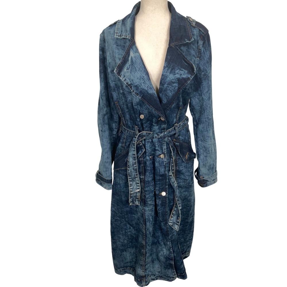 Thrill Trench Coat Womens 2X Blue‎ Acid Wash Longline Duster Belted Jacket Denim